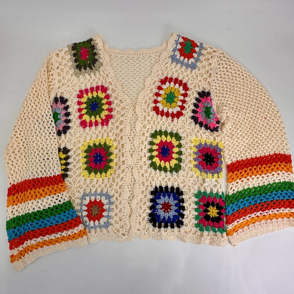 Boho Crochet Granny Square Open Front Sweater Jacket Medium